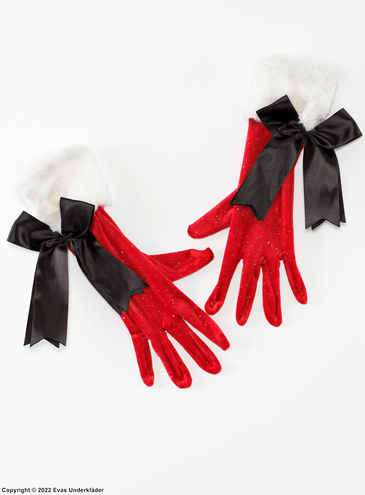 Handskar i sammet med stor rosett, fuskpäls och glitter